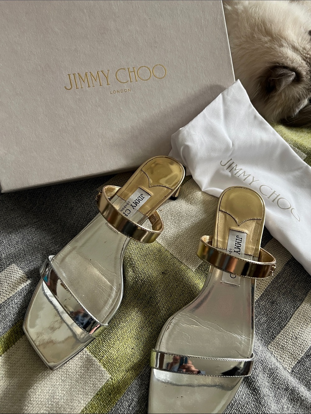 Jimmy Choo Metallic Gold and Silver Double-Strap Slide Mules